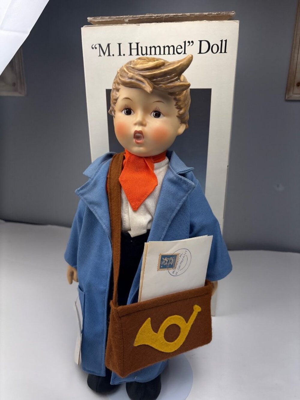 M.I. Hummel Postman Doll Porcelain Goebel Blue Outfit w/ Box Collectible 16" - Picture 14 of 16